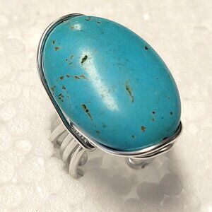 Turquoise Gemstone Ring Adjustable Stainless Steel Band, Handmade Turquoise Ring